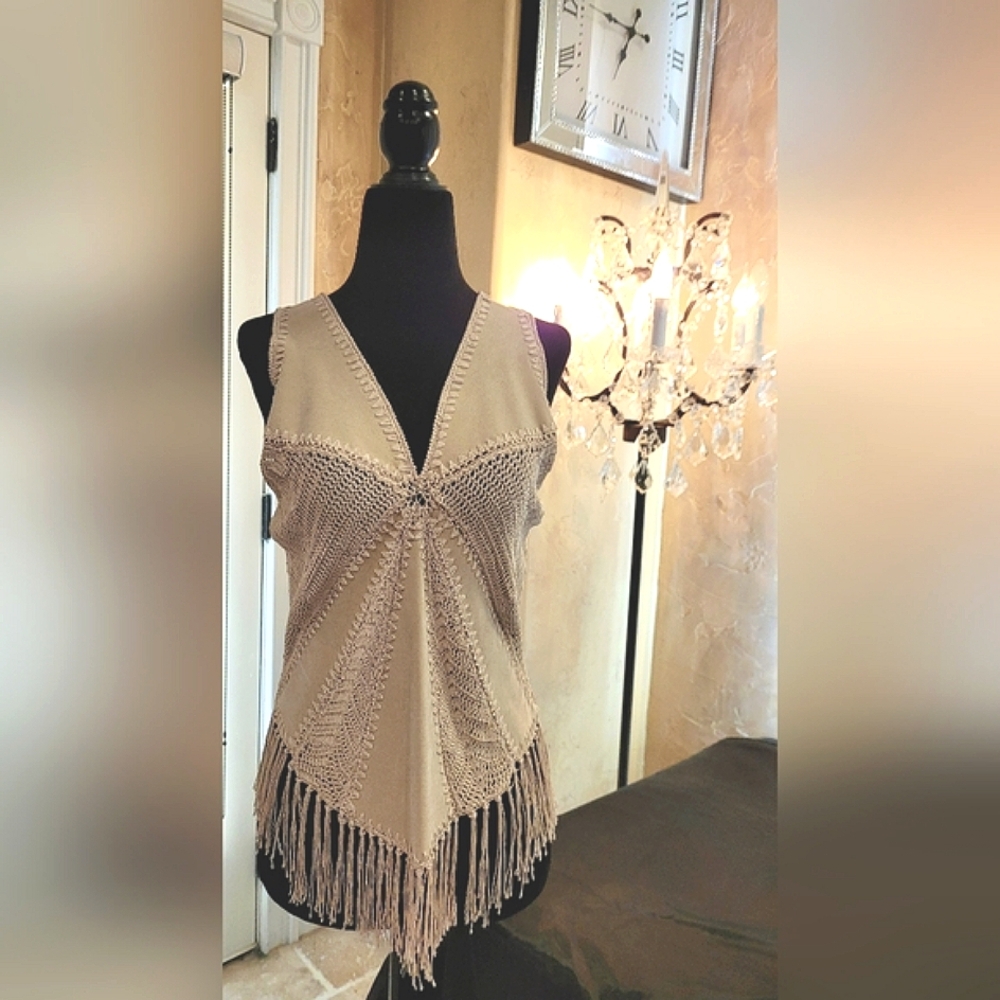 Bebe Vintage Bohemian Hip Vest Top. Suede Patches Fringe Tassels. NWT, Size M